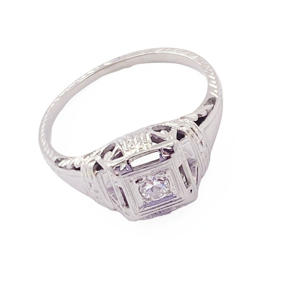 Vintage Estate 18k White Gold Diamond Art Deco Filigree Ring